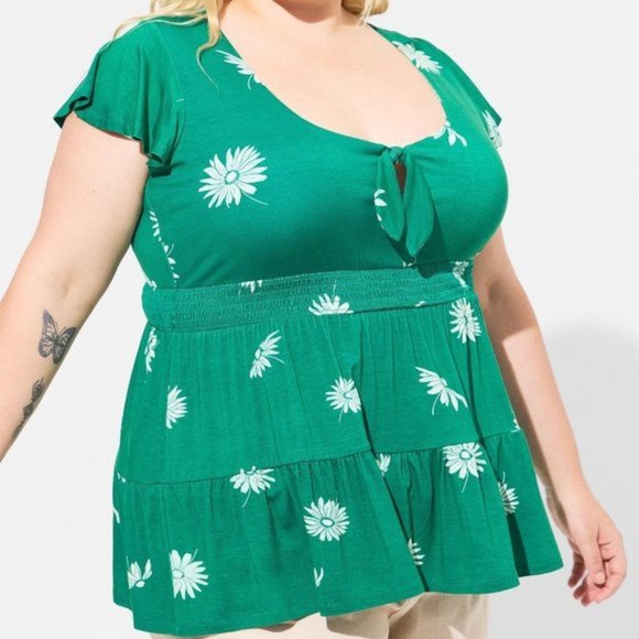 Torrid - Super Soft Tie Front Keyhole Babydoll Top in "Green Jacket" - Picture 1 of 12